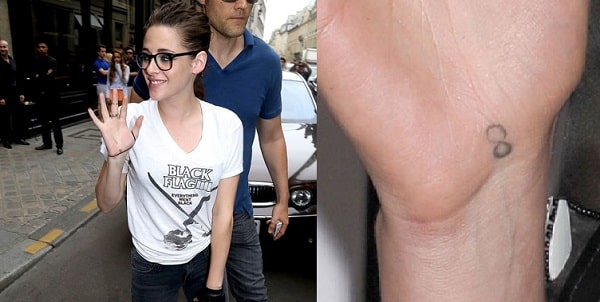 A picture of Infinity Symbol tattoo on Kristen Stewart' right wrist.